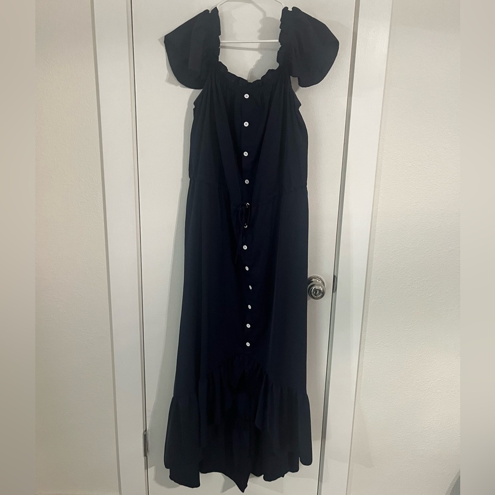 Elegant Navy High Low Dress with Ruffle Detail